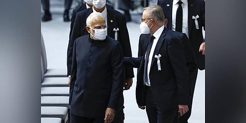 Indian Prime Minister Narendra Modi, left, and Australian Prime Minister Anthony Albanese attend the state funeral for former Japanese Prime Minister Shinzo Abe (Photo | PTI)