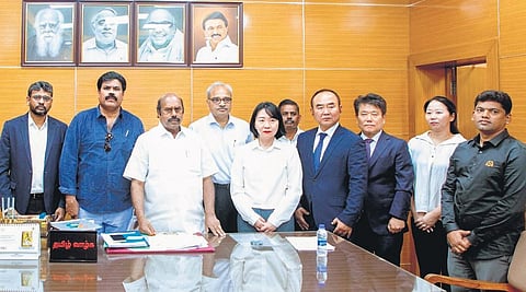 Highways Minister EV Velu with a delegation from South Korea on Monday | Express