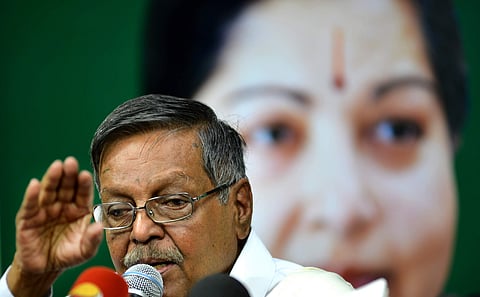 Panruti Ramachandran addressing media in Chennai (Photo | D SAMPATHKUMAR)