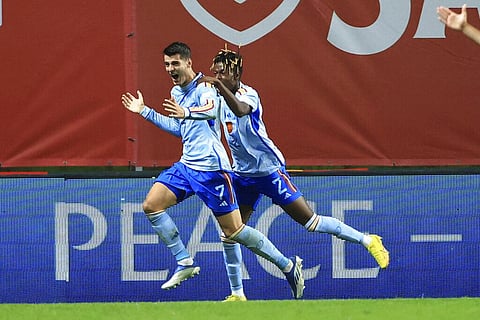 Spain's Alvaro Morata celebrates after scoring his side's first goal during the UEFA Nations League soccer match at the Municipal Stadium in Braga, Portugal. (Photo | AP)