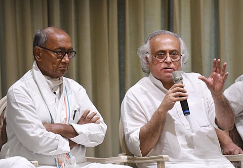 Digvijaya Singh seen with Jairam Ramesh during a press conference regarding party's 'Bharat Joda Yatra', in Thiruvananthapuram. (File Photo | PTI)