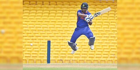 An air-borne Sanju Samson plays a cut shot at MA Chidambaram Stadium against New Zealand A on Tuesday. The right-hander made 54. (Photo | Ashwin Prasath)