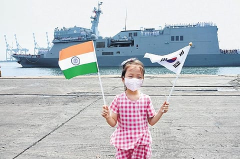 The sailors were greeted with Indian and South Korean flags; (inset) defence technology the sailors showcased | Ashwin Prasath