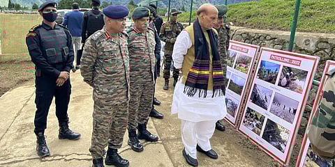 Defence Minister Rajnath Singh visits forward areas in Dibang valley, Arunachal Pradesh. (Photo | PTI)