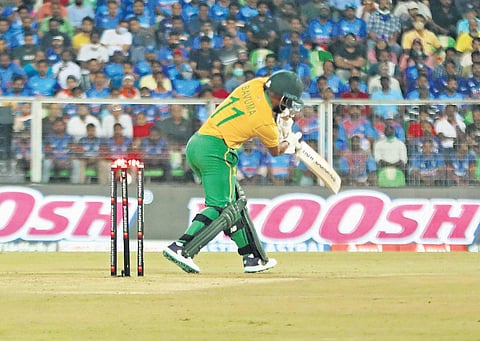 South Africa’s Temba Bavuma is bowled by India’s Deepak Chahar in the first T20I in Thiruvananthapuram on Wednesday.(Photo |B P Deepu)
