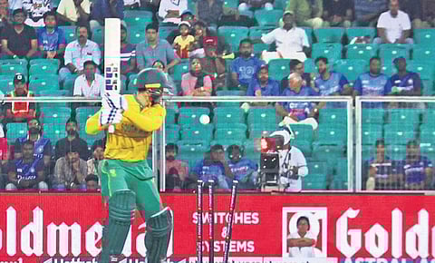 South Africa’s Quinton de Kock is bowled by India’s Arshdeep Singh during their first T20I match at the Greenfield Stadium in Thiruvananthapuram on Wednesday | BP Deepu