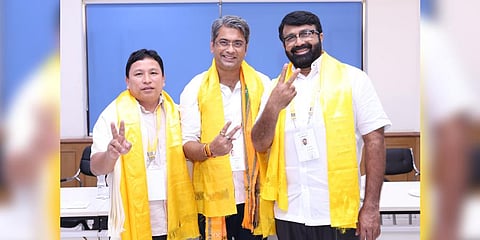 Newly elected president of AIFF Kalyan Chaubey, Centre ,Treasurer Kipa Ajay(L) and Vice President NA Haris (R).(Photo | Indian Football Team Twitter)