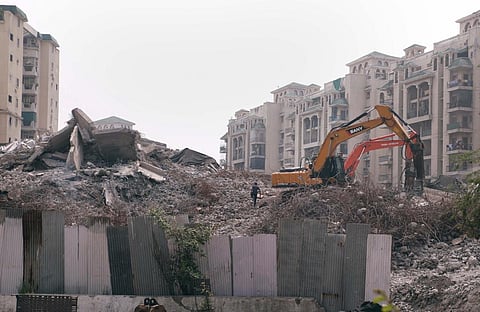 Debris clearance work underway at the site of the demolished twin towers of Supertech, in Noida, Friday, Sept. 2, 2022.  (Photo |PTI)