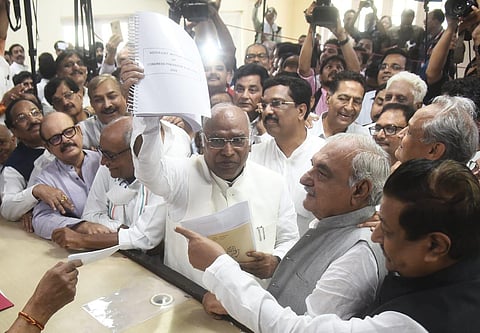 Senior Congress leader & LoP Rajya Sabha Mallikarjun Kharge files his nomination for the post of Congress president in New Delhi on Friday. (Photo | Parveen Negi, EPS)
