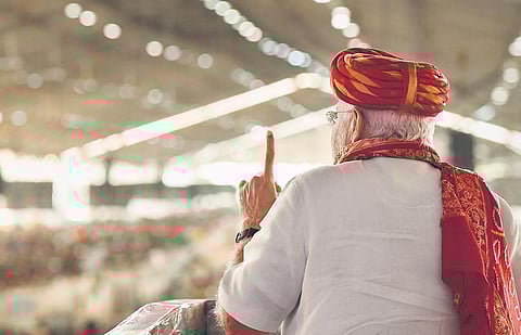 PM Narendra Modi addresses the inauguration and foundation stone laying ceremony of various projects at Bhavnagar in Gujarat on Thursday. (Photo | PTI)