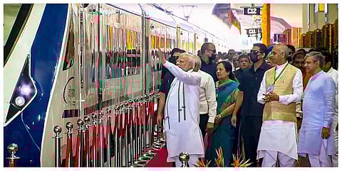 Prime Minister Narendra Modi flags off the Gandhinagar-Mumbai Vande Bharat Express train, in Gandhinagar. (Photo | PTI)