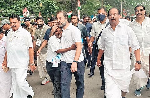 Congress leader Rahul Gandhi during the Bharat Jodo Yatra in Malappuram district on Thursday. Congress state president K Sudhakaran and MP K Muraleedharan are also seen