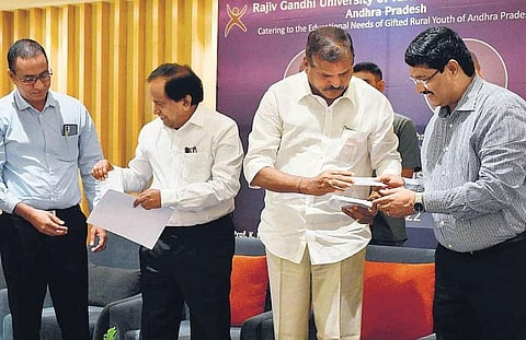 Education Minister Botcha Satyanarayana releases the list of candidates selected for admission into four IIITs, in Vijayawada on Thursday | Prasant Madugula