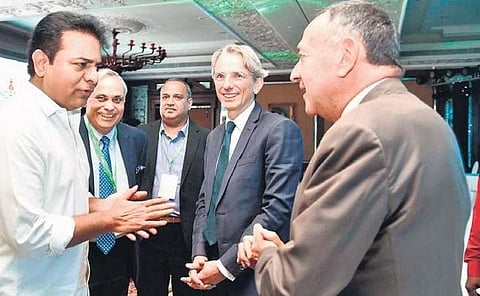 KTR along with Emmanuel Lenain, Ambassador of France and Anil Chaudhry, Zone President, India and CEO Schneider Electric India Pvt. Ltd at the foundation stone laying programme in Hyderabad | RVK Rao