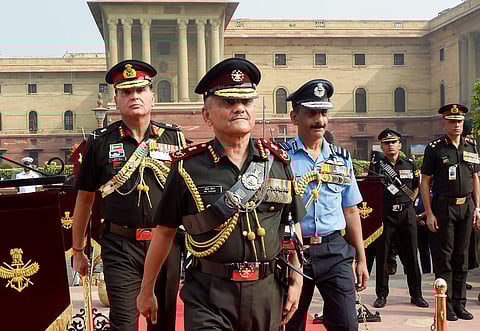 Chief of Defence Staff (CDS) Lt General Anil Chauhan during a Guard of Honour, in New Delhi. (Photo | PTI)