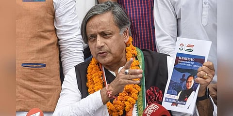 Senior Congress leader Shashi Tharoor addresses a press conference after filing his nomination papers for the post of party President, in New Delhi. (Photo | PTI)