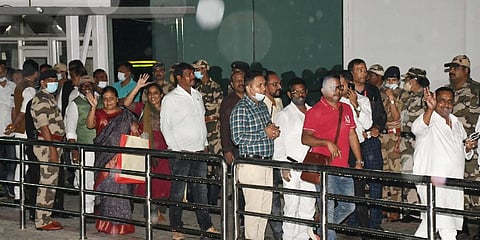 Jharkhand's ruling coalition MLAs arrive at Birsa Munda International Airport after travelling from Raipur on September 4, 2022. (Photo | PTI)