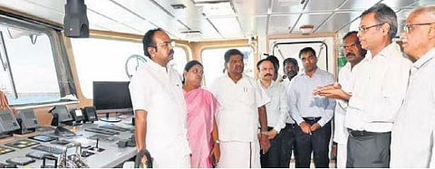 Ministers Thangam Thennarasu & Geetha Jeevan aboard the ship on Saturday | Express
