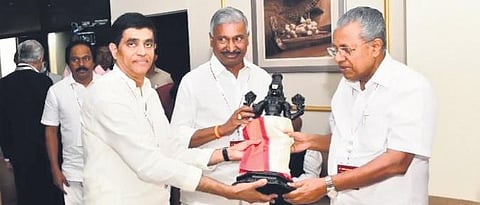 Ministers B Rajendranath and P Ramachandra Reddy with Kerala CM P Vijayan | EXPRESS