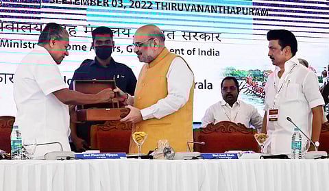 Chief Minister Pinarayi Vijayan having a chat with Union Home Minister Amit Shah during the Southern Zonal Council meet at Kovalam on Saturday. | Vincent Pulickal