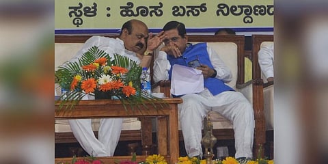 CM Basavaraj Bommai and union minister Pralhad Joshi during police station inaugural function in Hubballi on Sunday. (Photo | D Hemanth, EPS)