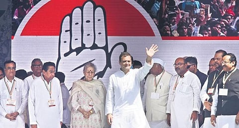 Congress supporters from across the country took part in the ‘Mehangai Par Halla Bol’ against price rise at Ramlila Maidan on Sunday. (Photo | Parveen Negi, EPS)