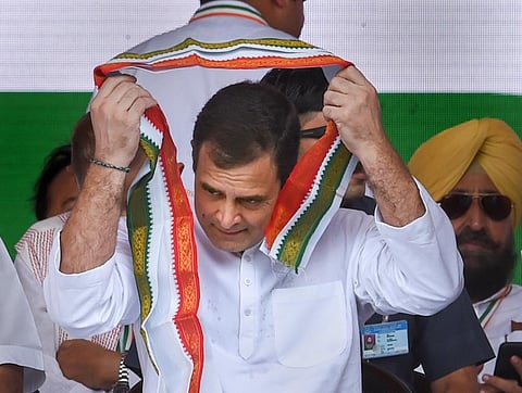 Congress leader Rahul Gandhi during the party's 'Mehangai Par Halla Bol' rally on price rise, at Ramlila Maidan in New Delhi. (Photo | PTI)