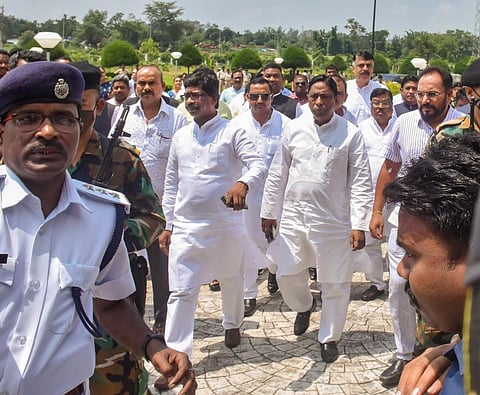 Jharkhand Chief Minister Hemant Soren along with United Progressive Alliance (UPA) MLAs arrives for the floor test in the State Assembly during a one-day special session. (Photo | PTI)