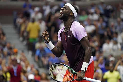 Frances Tiafoe, of the US, celebrates after winning a point against Rafael Nadal, during the fourth round of the U.S. Open tennis championships, Monday, Sept. 5, 2022, in New York. (Photo | AP)