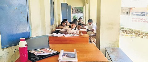 A verandah at Panchayat Union Middle School at PK Agaram village in Lalgudi taluk serves as a makeshift classroom | Express