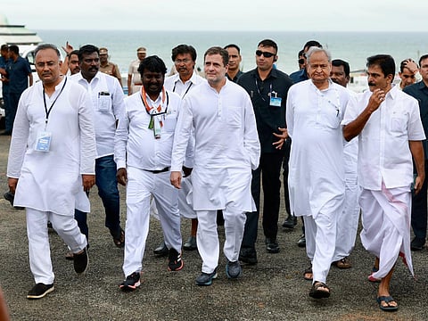 Congress leader Rahul Gandhi (centre) with other party leaders in Kanyakumari, Tamil Nadu for the 'Bharat Jodo Yatra'. (Photo | INC Twitter)