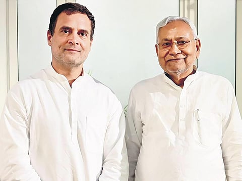 Bihar CM Nitish Kumar with Congress leader Rahul Gandhi in New Delhi | PTI