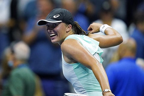 Iga Swiatek, of Poland, celebrates her win against Jessica Pegula, of the United States, during the quarterfinals of the US Open tennis championships. (Photo | AP)