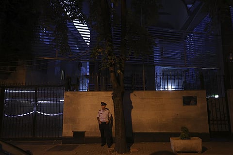 A policeman stands guard outside the Iranian Embassy in Tirana, Albania, Wednesday, Sept. 7, 2022. (Photo | AP)