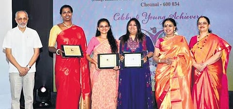 The young women achievers with the MOP Yuva Sammaan Awards at the MOP Vaishnav College for Women on Tuesday | Express