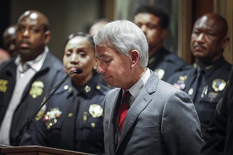 Shelby County District Attorney Steve Mulroy bows his head at a midnight news conference on Thursday, Sept. 8, 2022. (Photo | AP)