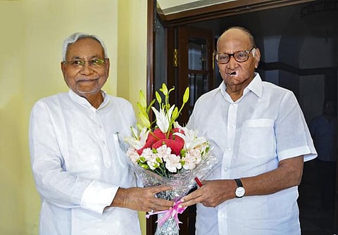 Bihar Chief Minister Nitish Kumar meets NCP chief Sharad Pawar at his residence in New Delhi, Wednesday, Sept. 7, 2022. (Photo | PTI)
