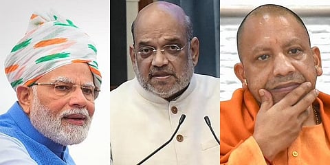 Prime Minister Narendra Modi, Union Ministers Amit Shah and Uttar Pradesh Chief Minister Yogi Adityanath (Photo | PTI)