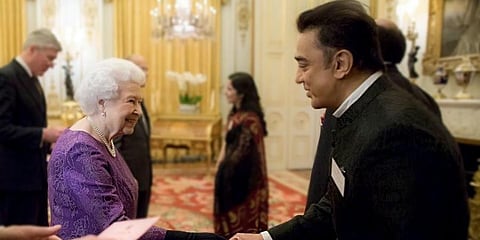 Queen Elizabeth II with actor Kamal Haasan. (Photo | PTI)