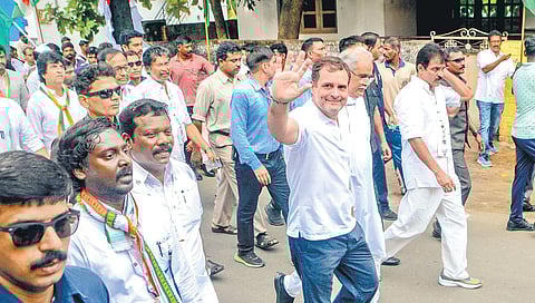 Rahul Gandhi waving at a camera during the march in Kanniyakumari  on Thursday | V KARTHIKALAGU