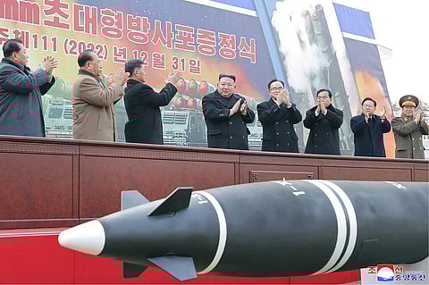 North Korean leader Kim Jong Un,  attends a ceremony of donating a 600mm super-large multiple-launch rocket system in Pyongyang, Dec. 31, 2022. (Photo | AP)