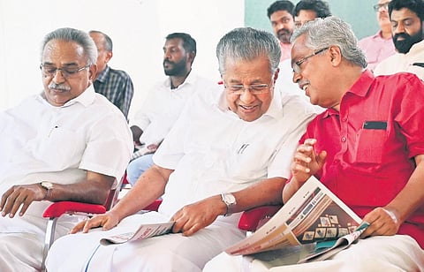 Chief Minister Pinarayi Vijayan with MP Binoy Viswam duirng the inauguration of Expat Print House, an initiative by Janayugam, at Kinfra Park, Kazhakkoottam, on Saturday. CPI state secretary Kanam Raj