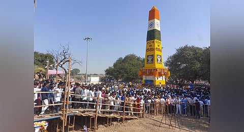 People visit the Koregaon Bhima war memorial on 205th anniversary of Koregaon Bhima battle, in Pune, on January 1, 2023. (Photo | PTI)