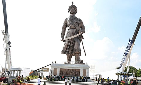 The 108 feet tall statue of Nadaprabhu Kempegowda at Kempegowda International Airport in Bengaluru. (Photo | Nagaraja Gadekal, EPS)