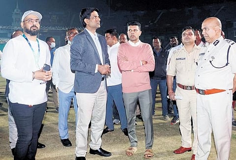 5T secretary VK Pandian inspecting preparedness for hockey World Cup at Barabati Stadium in Cuttack on Monday | Express