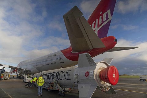 A repurposed Virgin Atlantic Boeing 747 aircraft that will carry a rocket, is parked at Spaceport Cornwall. (Photo | AP)