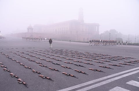 Indian Security Force members rehearse for the Republic Day Parade amid dense fog on a cold morning in New Delhi, India on January 10, 2023.(Photo | EPS/Parveen Negi)