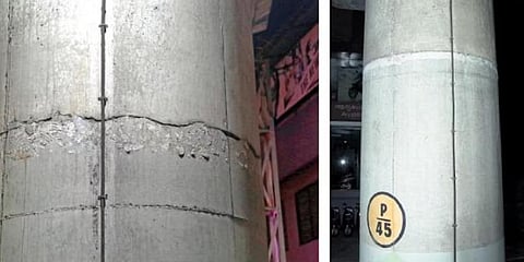Crack on metro pillar 44 between Pulinchodu and Aluva metro station. (R) Smoothening work done on metro pillar 45.(Photo | T P Sooraj,EPS )