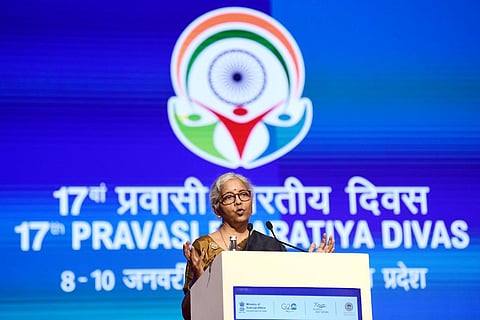 Union Finance Minister Nirmala Sitharaman addresses the Indian diaspora on the last day of 17th Pravasi Bharatiya Divas Convention, in Indore on Tuesday. (Photo | ANI)