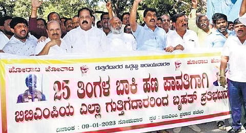 Members of the BBMP Contractors’ Association protest, demanding the civic body clear their dues pending since 2020 | Express